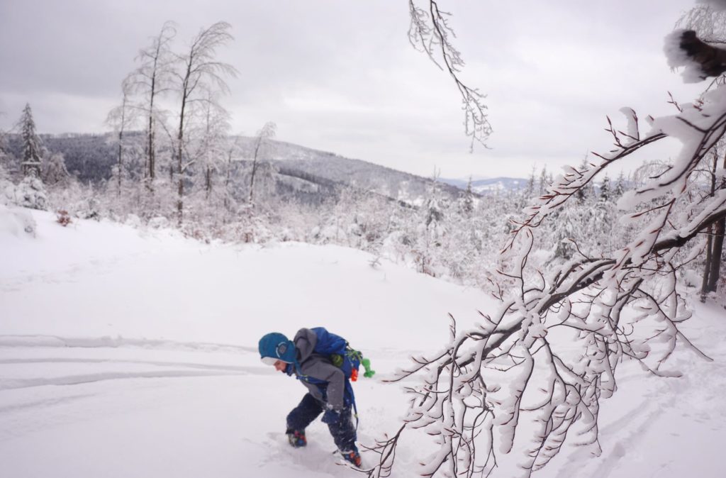 Dziecko idące w głębokim śniegu w górę szlaku niebieskiego na Jałowiec