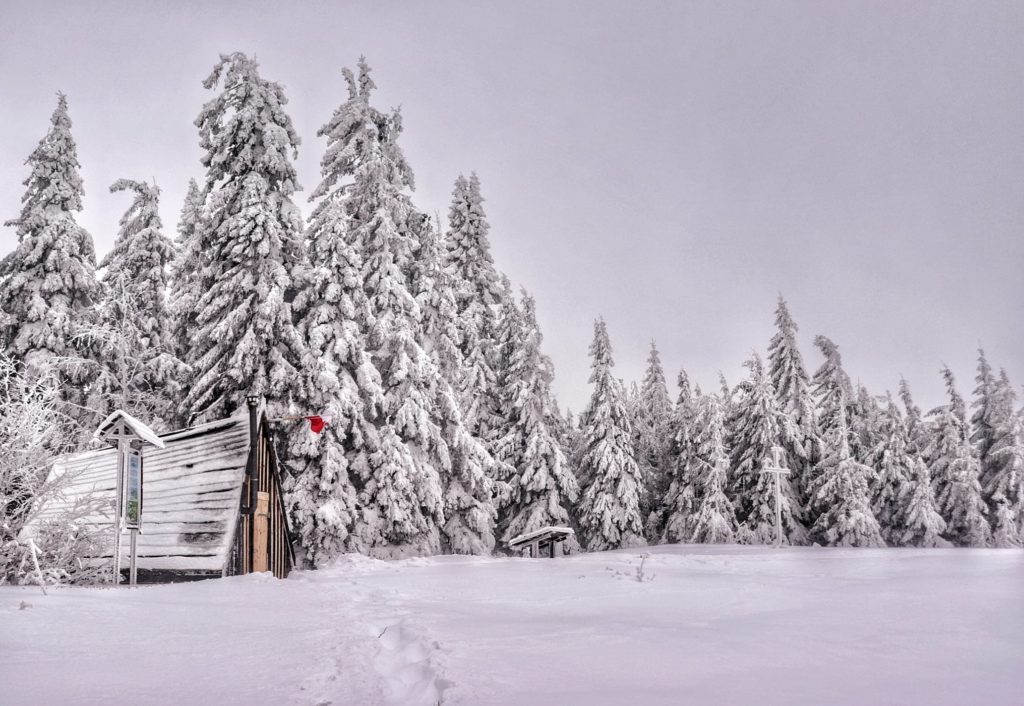 Jałowiec zimą, drewniana chatka na Jałowcu