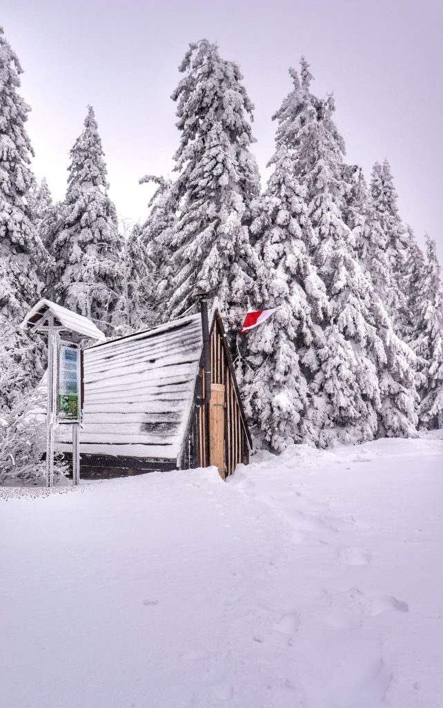 Przysypana przez śnieg drewniana chatka na szczycie Jałowiec w Beskidach