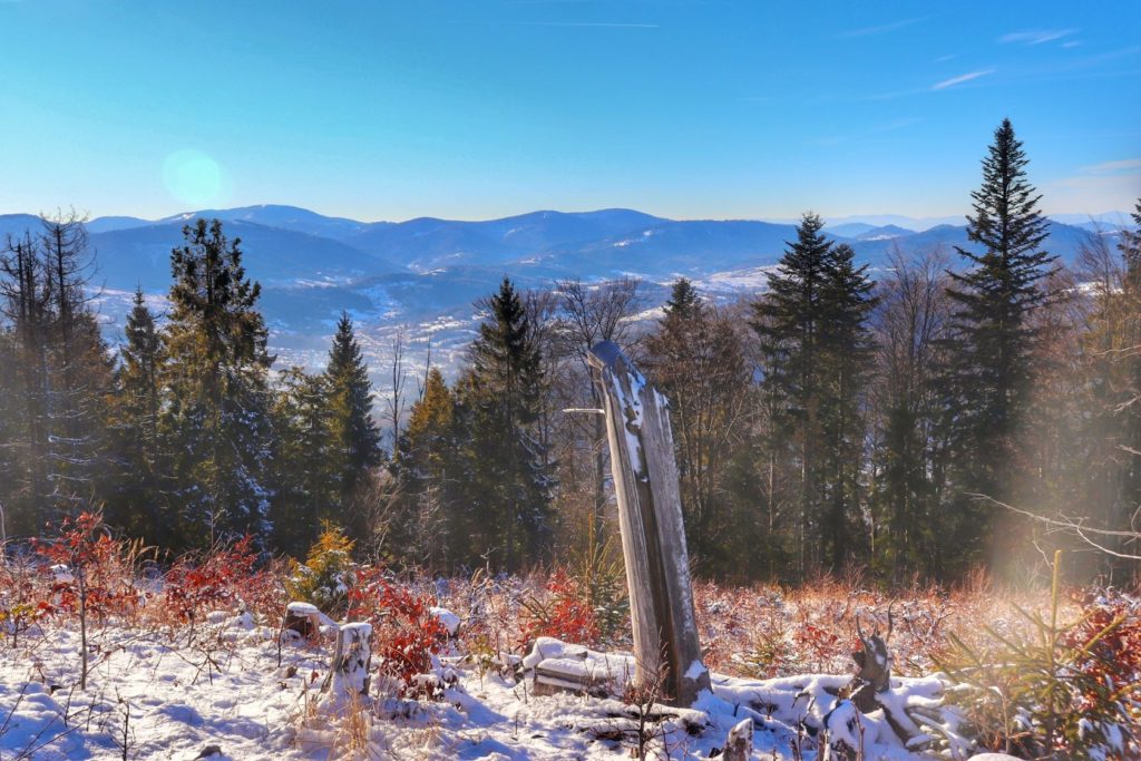 Widok na Beskidy z okolic Suchej Góry, zima