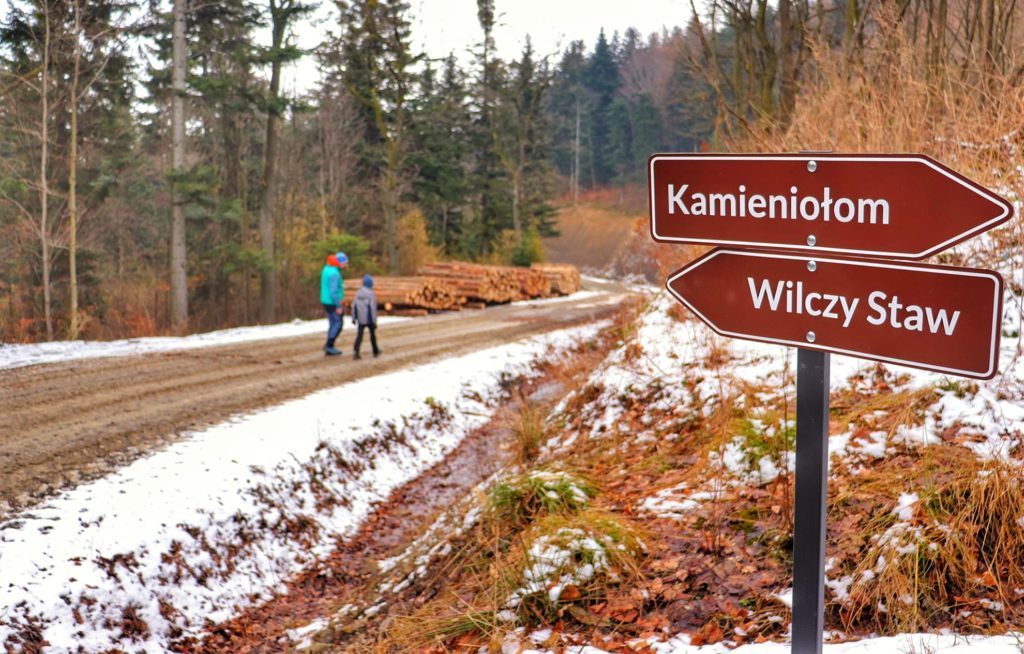 Drogowskazy wskazujące drogę do Kamieniołomu w Kozach oraz do Wilczego Stawu w Kozach, w tle turysta z dzieckiem