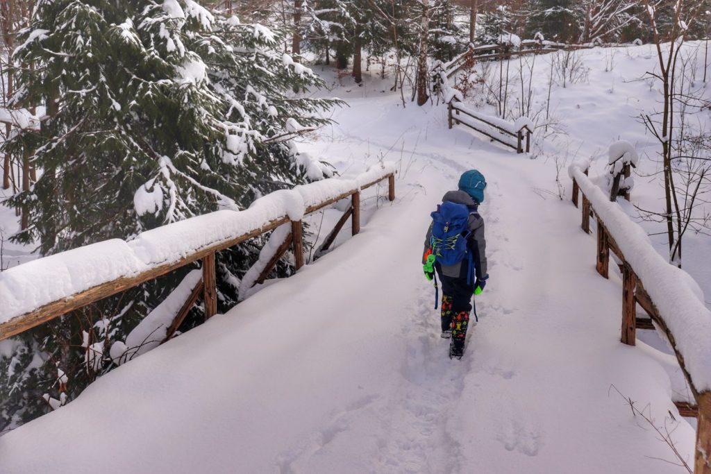 Dziecko przechodzące przez drewniany, zasypany przez śnieg most, szlak żółty - Stryszawa Roztoki
