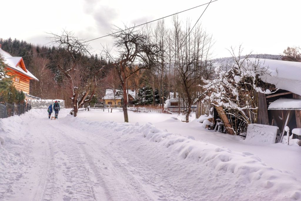 Szeroka, pokryta śniegiem droga w Stryszawie idąca między zabudowaniami, turysta z dzieckiem idący żółtym szlakiem na Jałowiec