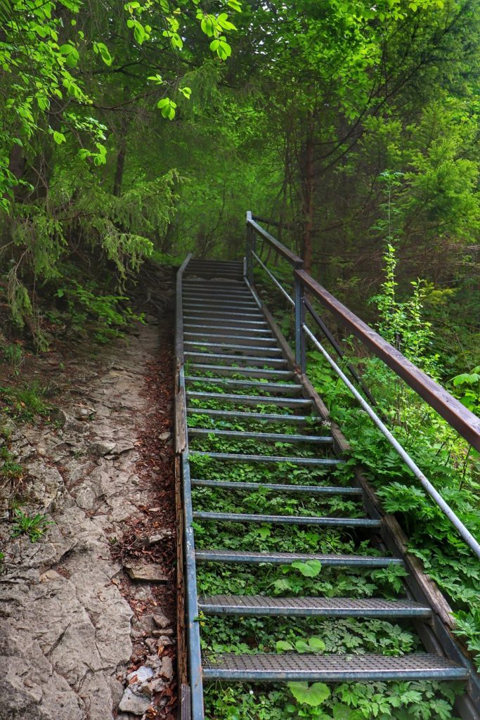 Bardzo strome metalowe schody w Wąwozie Homole w Pieninach