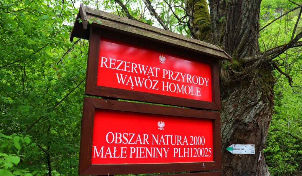 Czerwone tablice ustawione przy wejściu do Rezerwatu przyrody Wąwóz Homole - OBSZAR NATURA 2000 MAŁE PIENINY