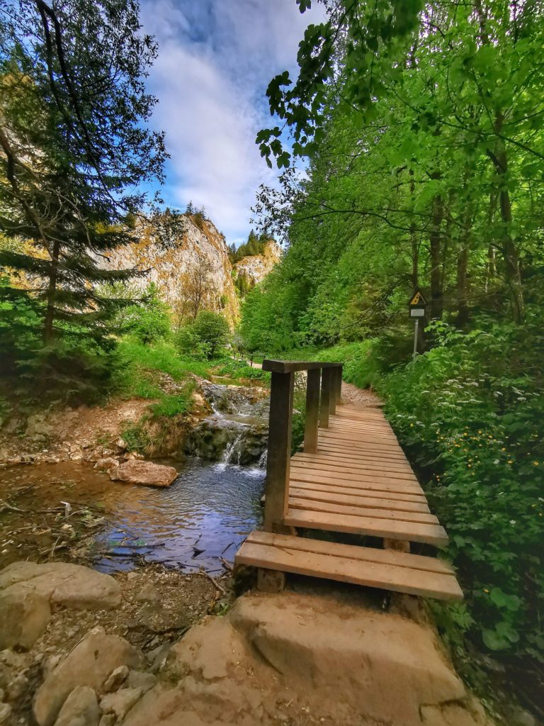 Drewniany mostek w Wąwozie Homole, piękny słoneczny dzień