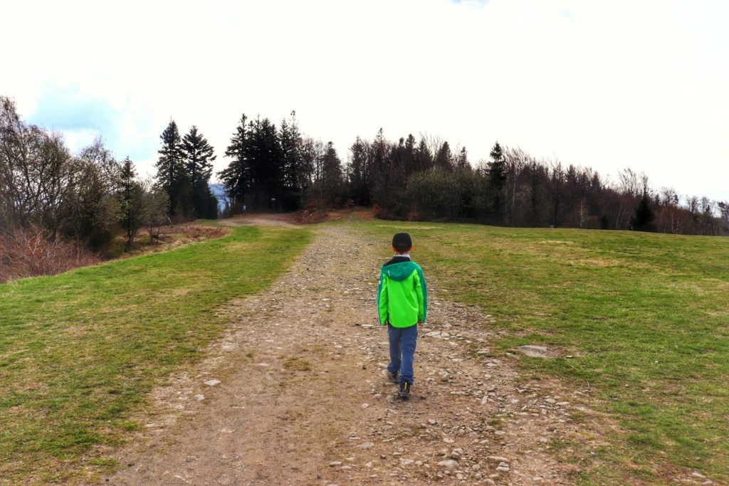 Magurka Wilkowicka, dziecko idące niebieskim szlakiem w kierunku Czupla, szeroka kamienista droga