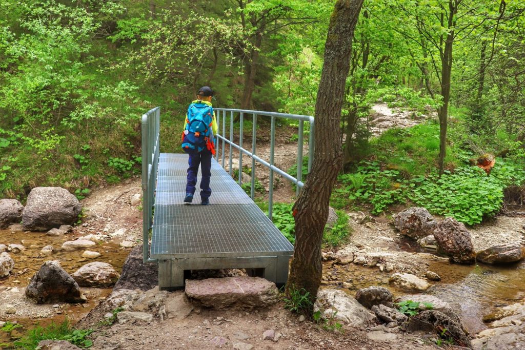 Mały turysta stojący na metalowym mostku idącym nad Potokiem Kamionka w Wąwozie Homole