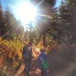 Turysta z dzieckiem szeroka droga leśna oświetlona przez słońce - szlak na Wysoki Wierch, Małe Pieniny