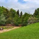 Widok na Dubantowską Polanę w Wąwozie Homole - szlak zielony, turyści odpoczywający przy drewnianych stolikach, soczysta zieleń trawy