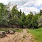 Soczysta zieleń, Dubantowska Polana, drewniane ławeczki ze stolikami