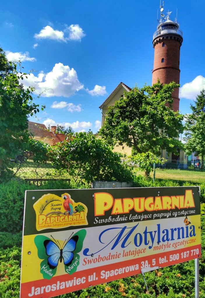 Reklama Papugarni oraz Motylarni w Jarosławcu, w tle latarnia morska w Jarosławcu