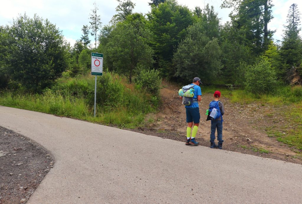 Turysta z dzieckiem przecinający szeroką asfaltową drogę na niebieskim szlaku w Koniakowie