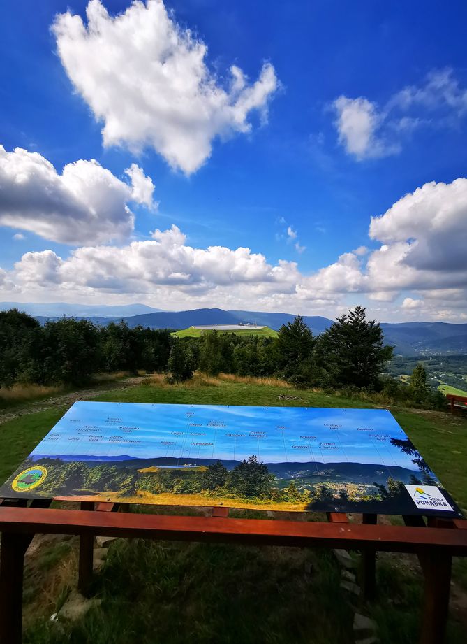 Beskid Mały - szczyt Kiczera punkt widokowy na zbiornik retencyjny na Górze Żar, tablica z opisaną panoramą ze szczytu Kiczera, piękne niebieskie niebo z białymi chmurami