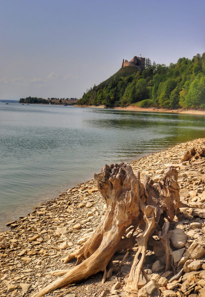 Brzeg Jeziora Czorsztyńskiego, w tle ruiny zamku w Czorsztynie