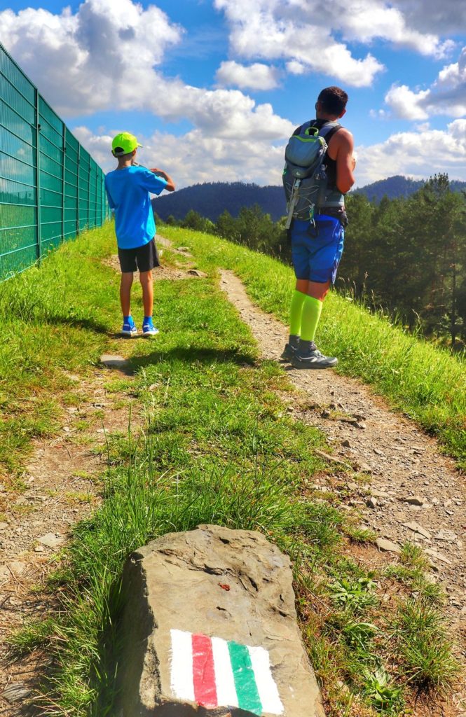 Kamień, na którym jest oznaczony szlak czerwony oraz szlak zielony idący z Góry Żar w kierunku Kiczery, turysta z dzieckiem, zielony płot