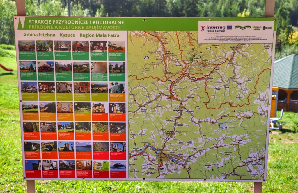 Trójstyk granic - Jaworzynka, tablica z atrakcjami przyrodniczymi plus mapa