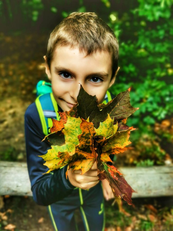 Uśmiechnięte dziecko trzymające jesienne liście