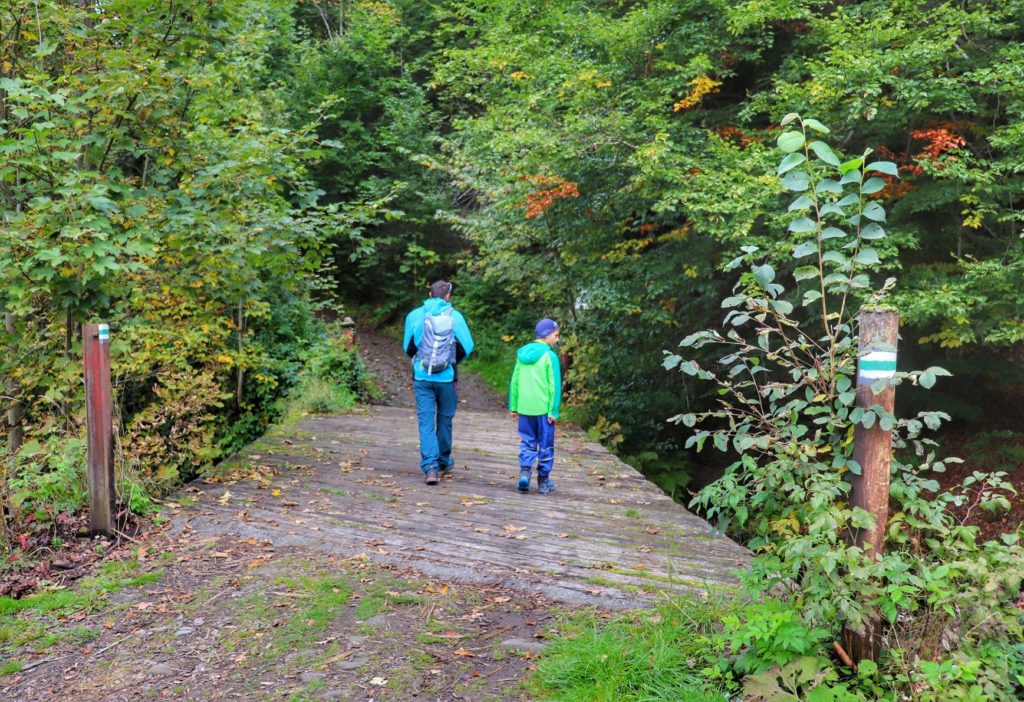 Turysta z dzieckiem przechodzący przez drewniany most na zielonym szlaku idącym z Brennej Leśniczówki na Stary Groń