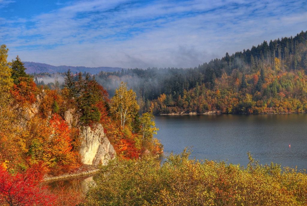 Widok na Jezioro Czorsztyńskie z okolic zamku Dunajec, jesienne barwy