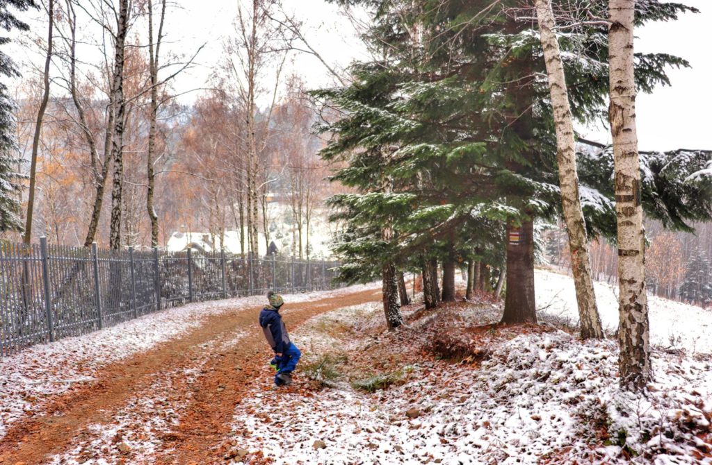 Dziecko, szeroka droga biegnąca wzdłuż ogrodzenia - Przełęcz pod Łysą Górą - Pasmo Magurki Wilkowickiej