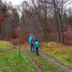 Turysta z dzieckiem, droga leśna we wsi Las, jesień