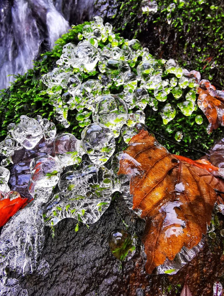 Wodospad w Beskidzie Małym, zmrożone krople wody, zmrożony liść, zielony mech