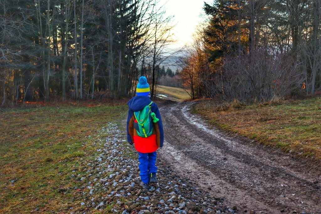 Mały turysta - dziecko na leśnej drodze - czerwony szlak prowadzący na słowacki szczyt Gruň