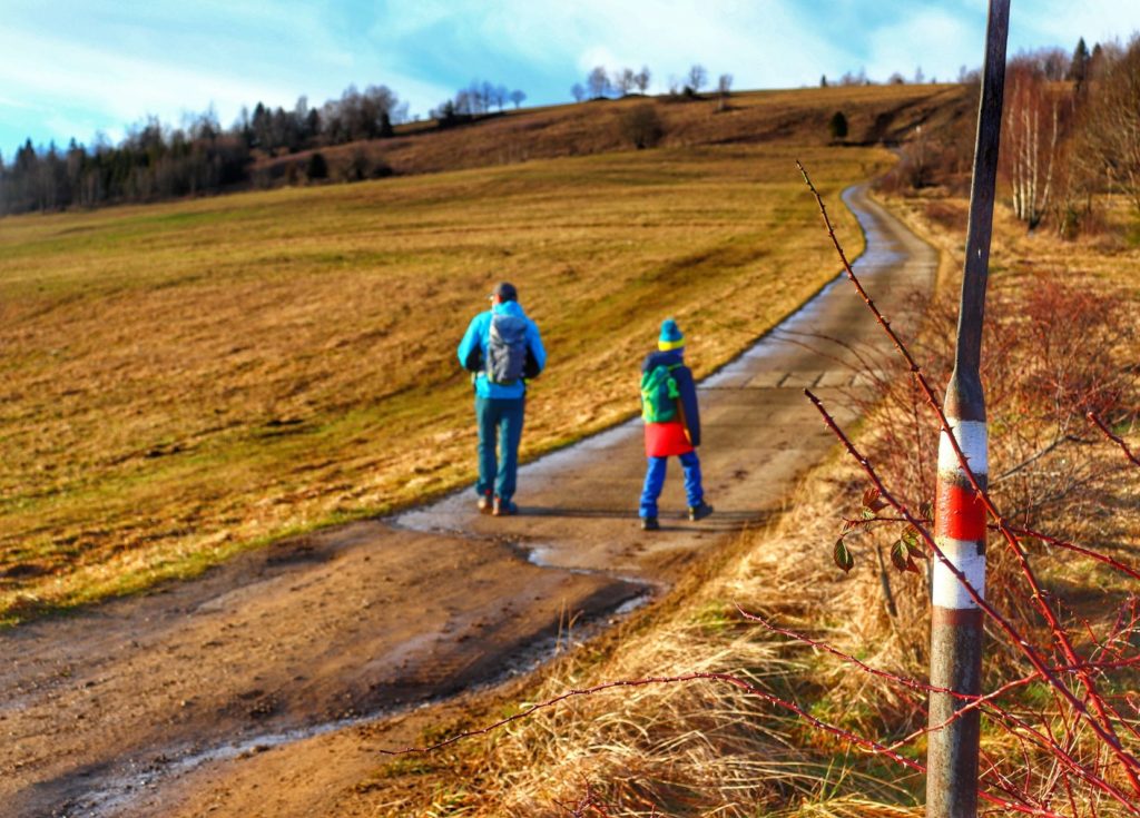 Szlak czerwony w Zwardoniu - okolice przejścia granicznego, szeroka droga, turysta z dzieckiem