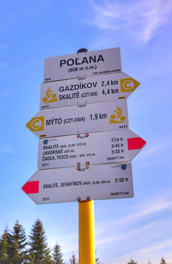 Zwardoń, biała tablica z napisem POLANA (808 m n.m.), drogowskazy, szlak czerwony