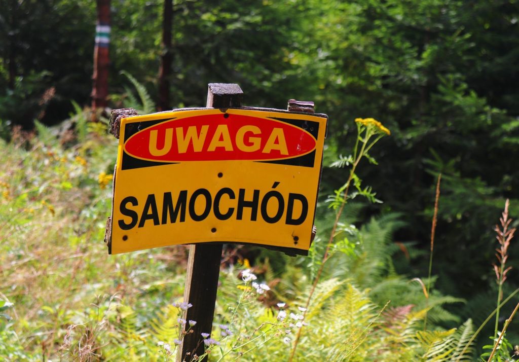 Żółto czerwona tabliczka z napisem UWAGA SAMOCHODY na zielonym szlaku w Brennej Leśnica
