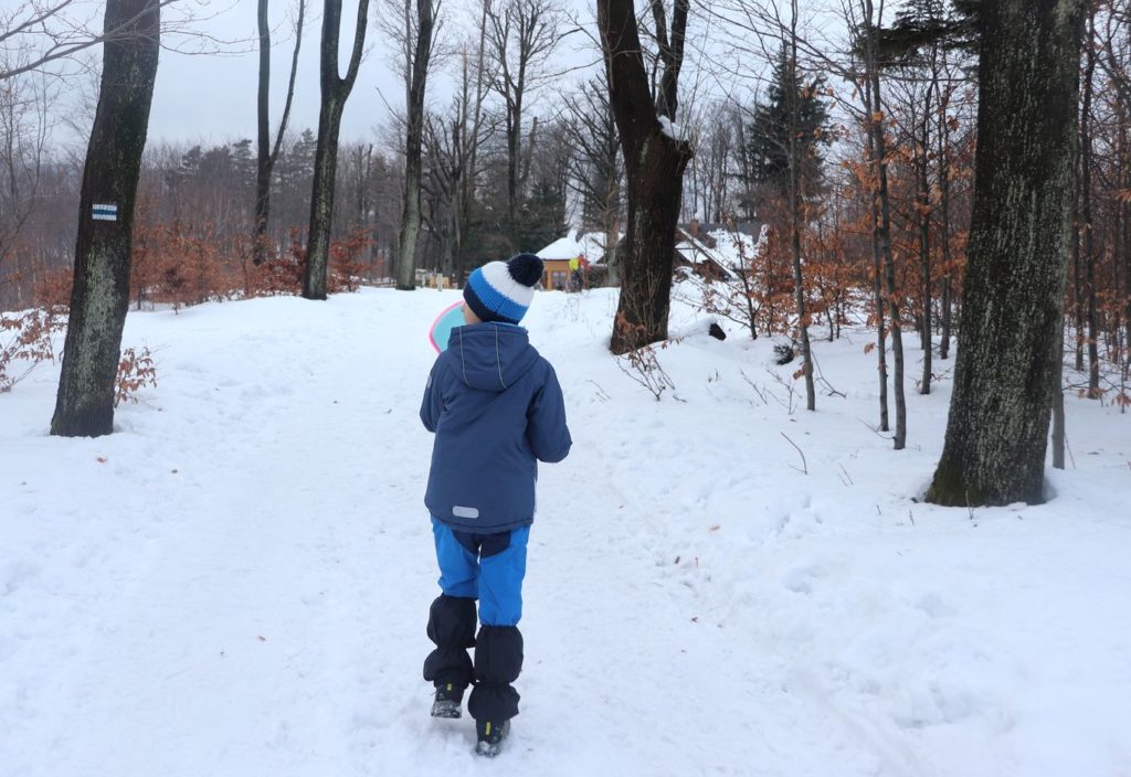 Dziecko idące niebieskim szlakiem na Kozią Górę, w oddali widoczny budynek schroniska Stefanka, zima