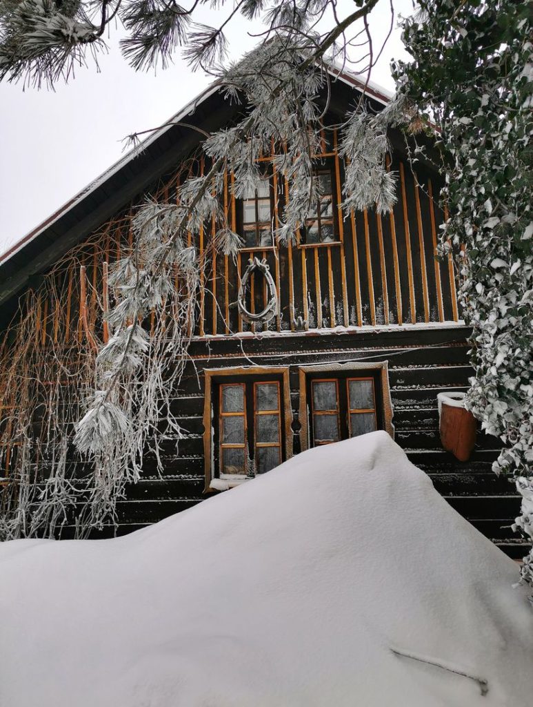 Klimatyczny budynek schroniska Stefanka na Koziej Górze, zaspa śnieżna, sosna