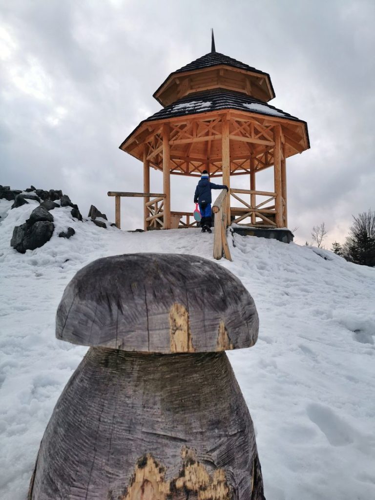 Kozia Góra w Beskidzie Śląskim, drewniany grzyb, altana widokowa, dziecko, śnieg