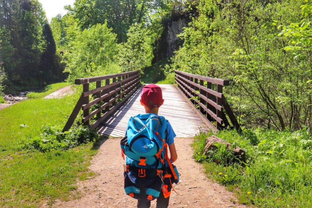 Mały turysta - dziecko, drewniany most na żółtym szlaku w Rezerwacie Biała Woda