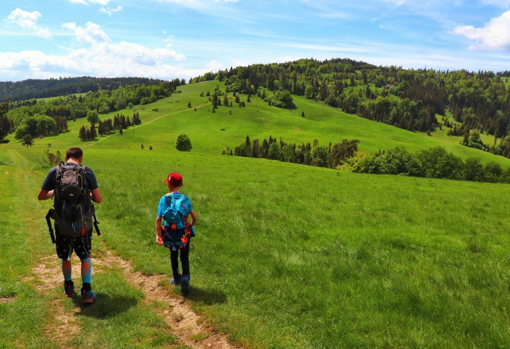Obszerna polana na szlaku niebieskim - Przełęcz Rozdziela, turysta z dzieckiem, letnie popołudnie