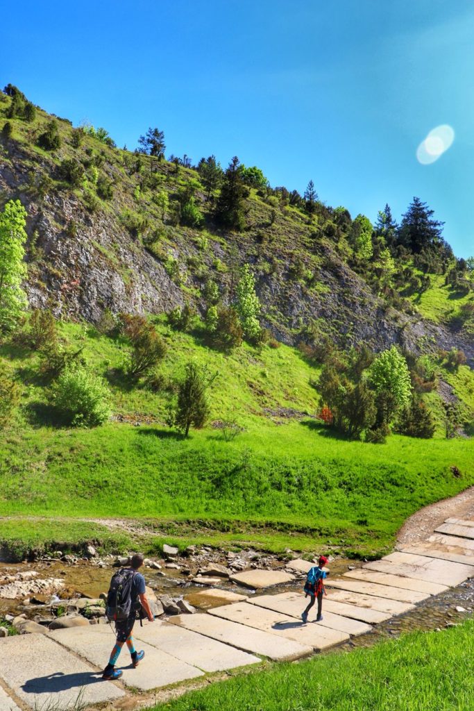 Turysta z dzieckiem na żółtym szlaku prowadzącym przez Rezerwat Biała Woda - Pieniny, letni dzień