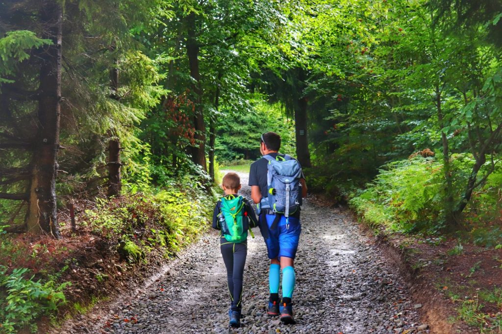 Turysta z dzieckiem, szeroka utwardzona droga leśna, zielony szlak na Trzy Kopce Wiślańskie