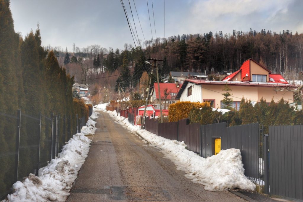 Szeroka asfaltowa droga pnąca się w górę na czerwonym szlaku w Bystrej Górnej - ulica Beskidzka, zabudowania