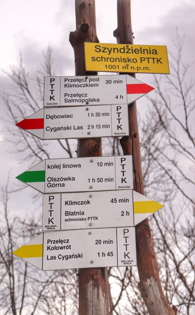 Żółta tabliczka z napisem Szyndzielnia Schronisko PTTK, słup z drogowskazami na Szyndzielni