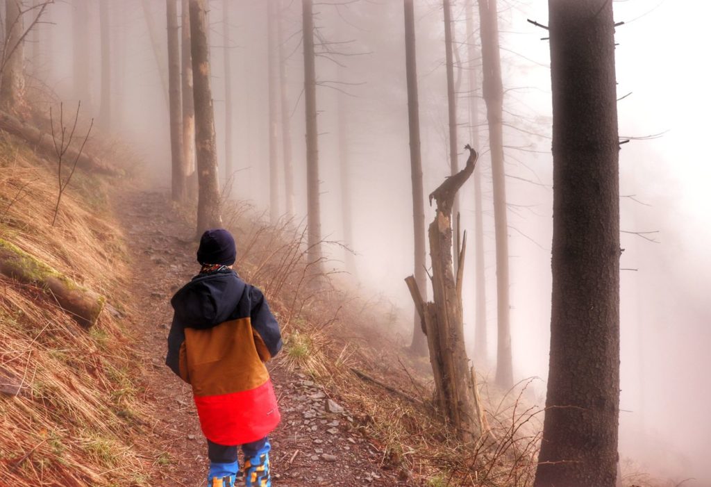 Dziecko na wąskiej ścieżce leśnej idącej na Małą Czantorię z Ustronia - szlak żółty, mgła