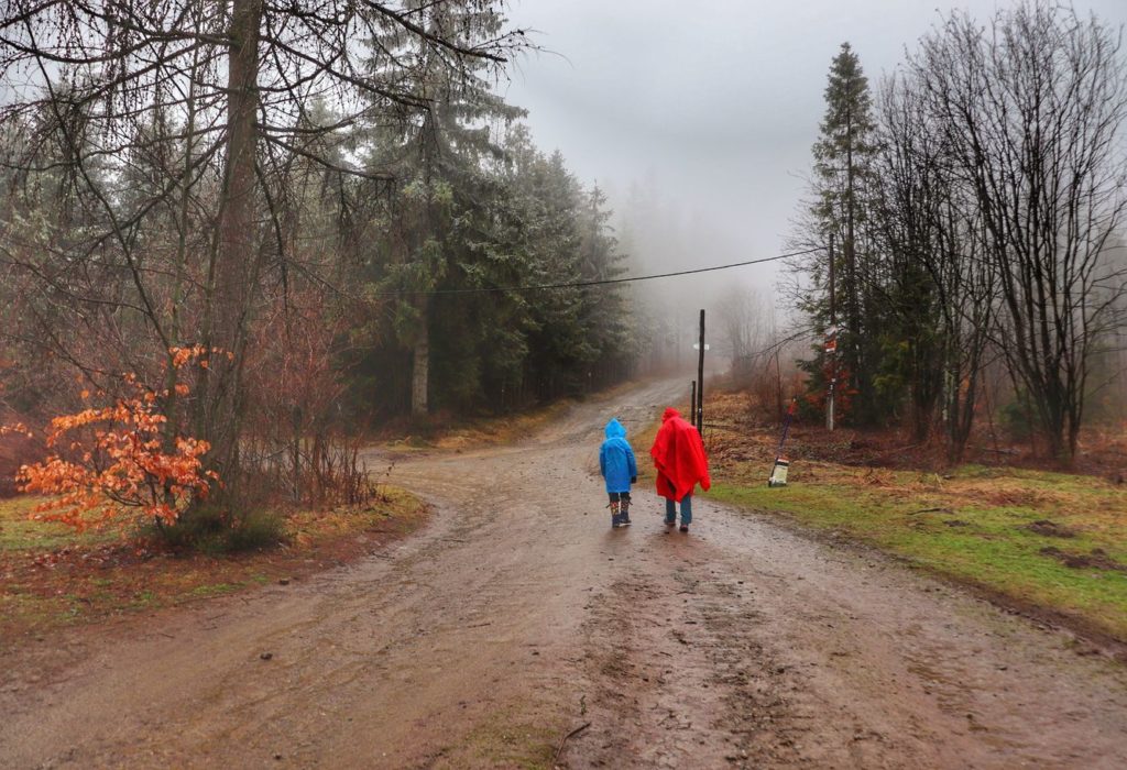 Dziecko z tatą w drodze na Soszów Wielki - okolice schroniska na Soszowie, pochmurny, mglisty dzień