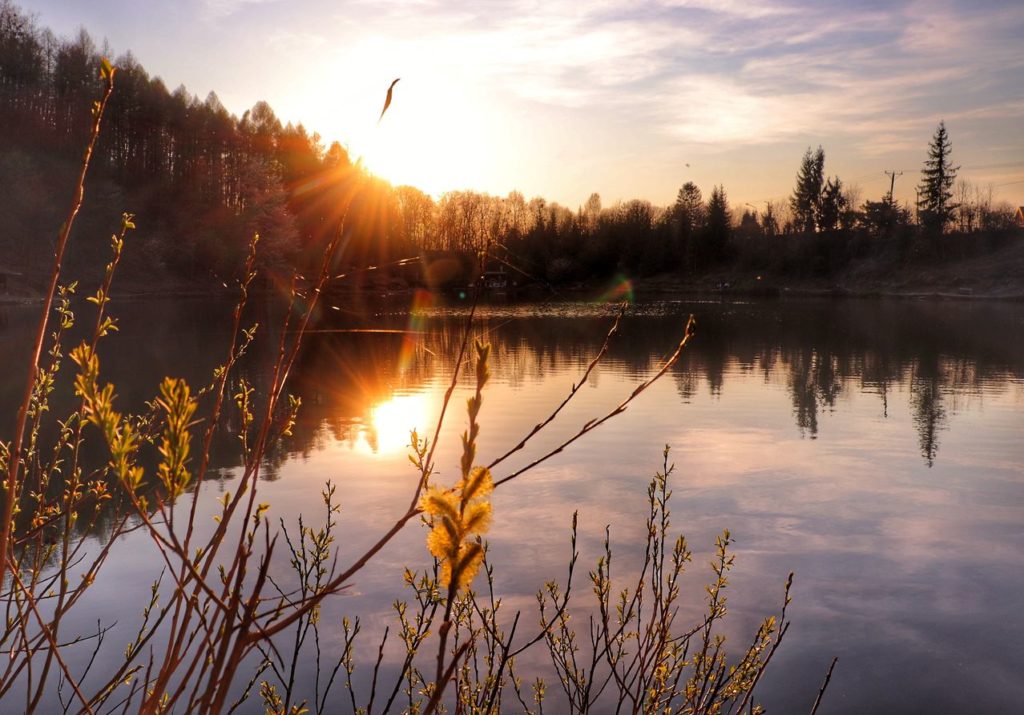 Jezioro Ton w Goleszowie o zachodzie słońca, wiosenny wieczór
