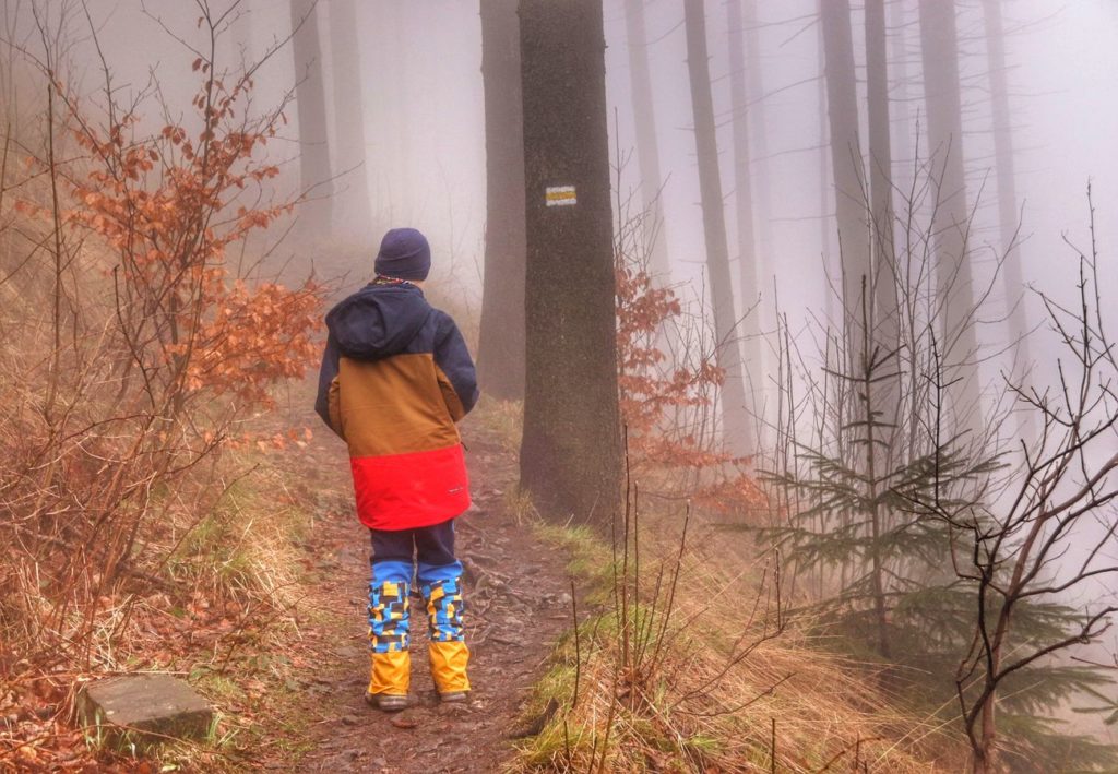 Mgła, las, dziecko, żółty szlak na Małą Czantorię