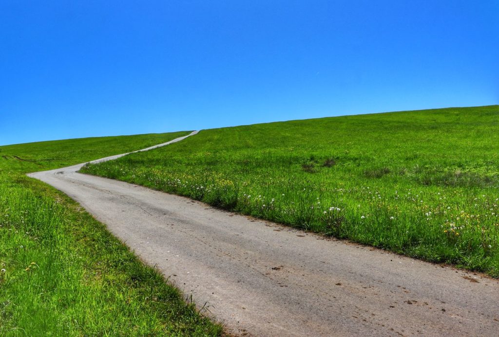 Długa i kręta droga biegnąca między polami, Pieniny Spiskie - wieś Dursztyn, zielona trawa i niebieskie niebo