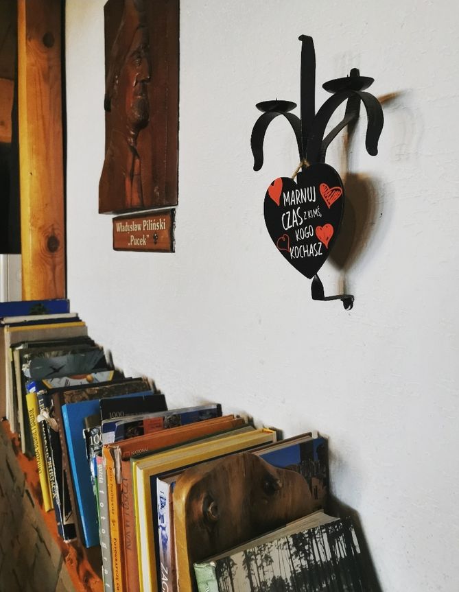 Sala kominkowa w Schronisku pod Durbaszką, półka z książkami