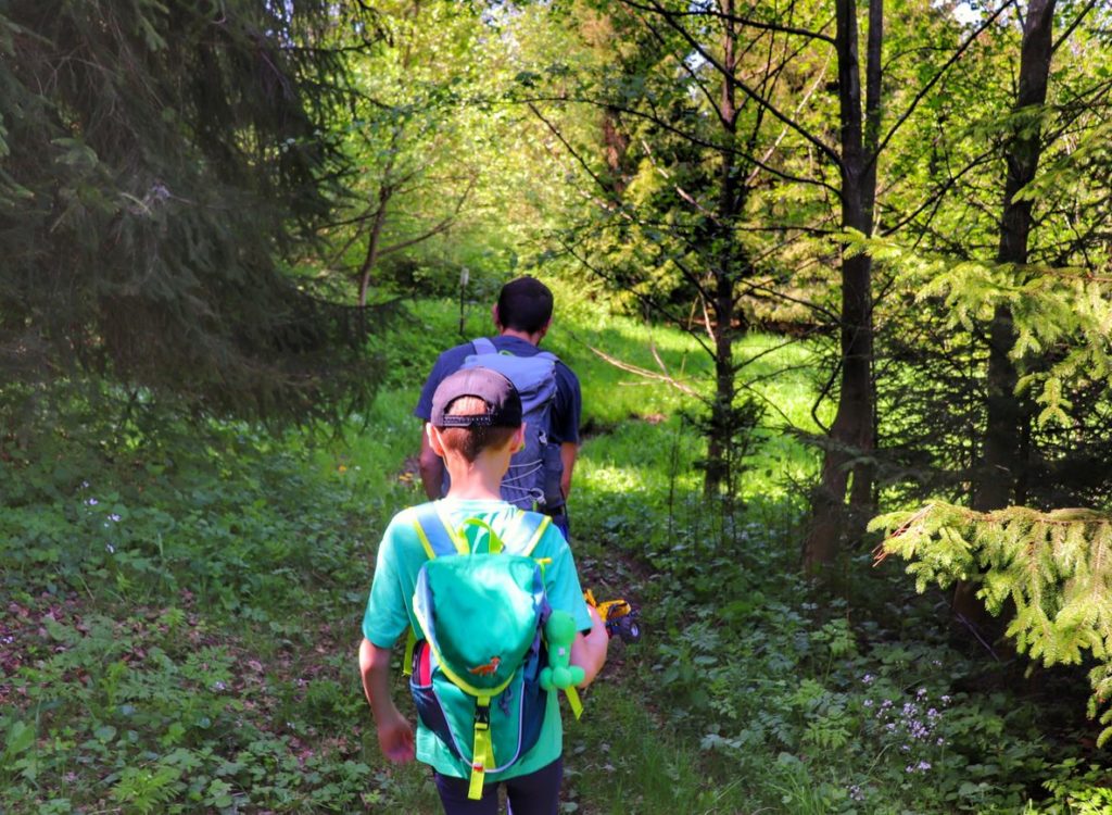 Turysta, dziecko, las, zielony szlak w Dursztynie