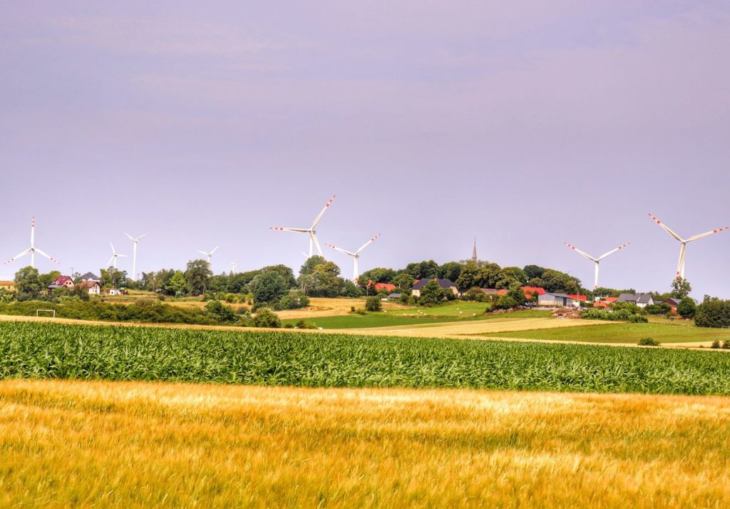 Lądowa elektrownia wiatrowa w Cisowie widziana z drogi wojewódzkiej nr 203