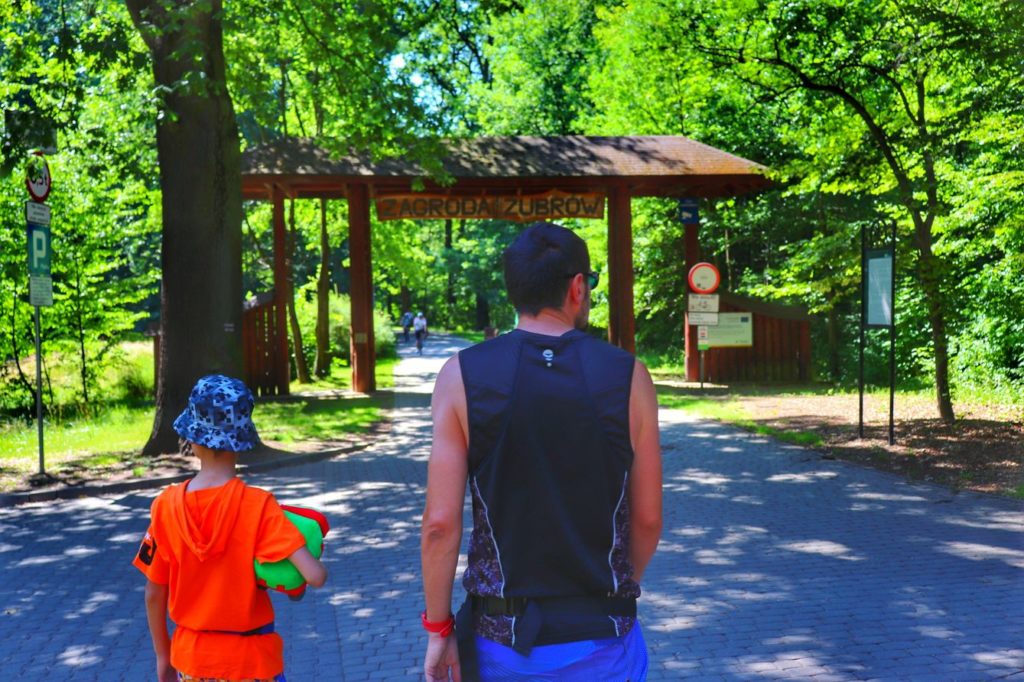 Turysta z dzieckiem, Zabytkowy Park w Pszczynie, brama z napisem Zagroda żubrów