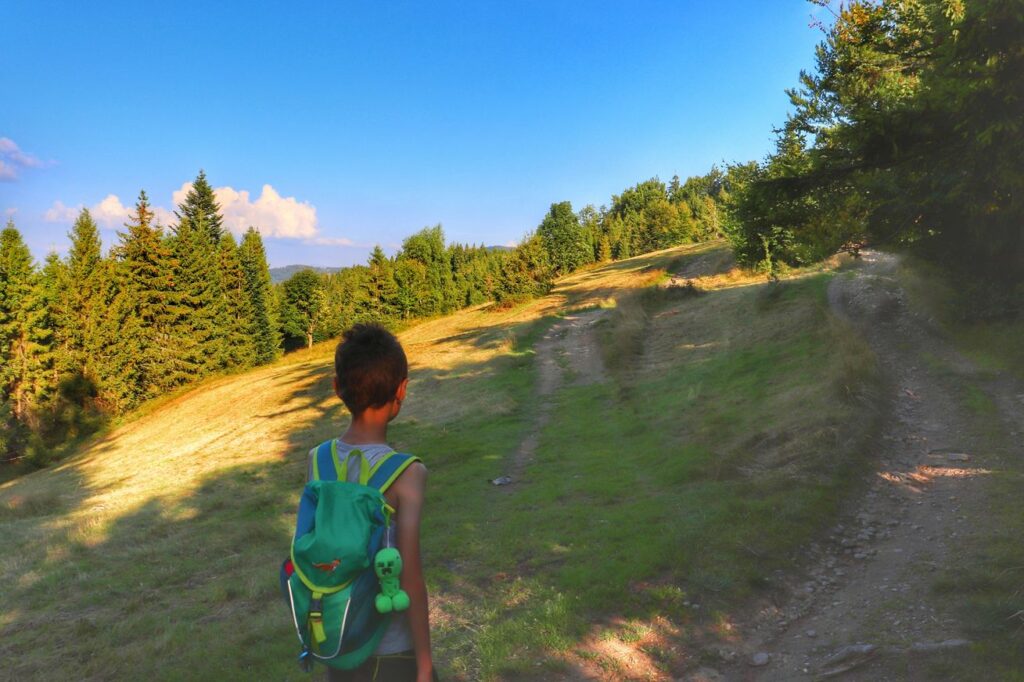 Dziecko, droga prowadząca wzdłuż polany w kierunku szczytu Skała w Beskidzie Żywieckim